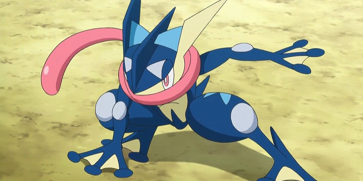 Greninja posing with one hand on the ground