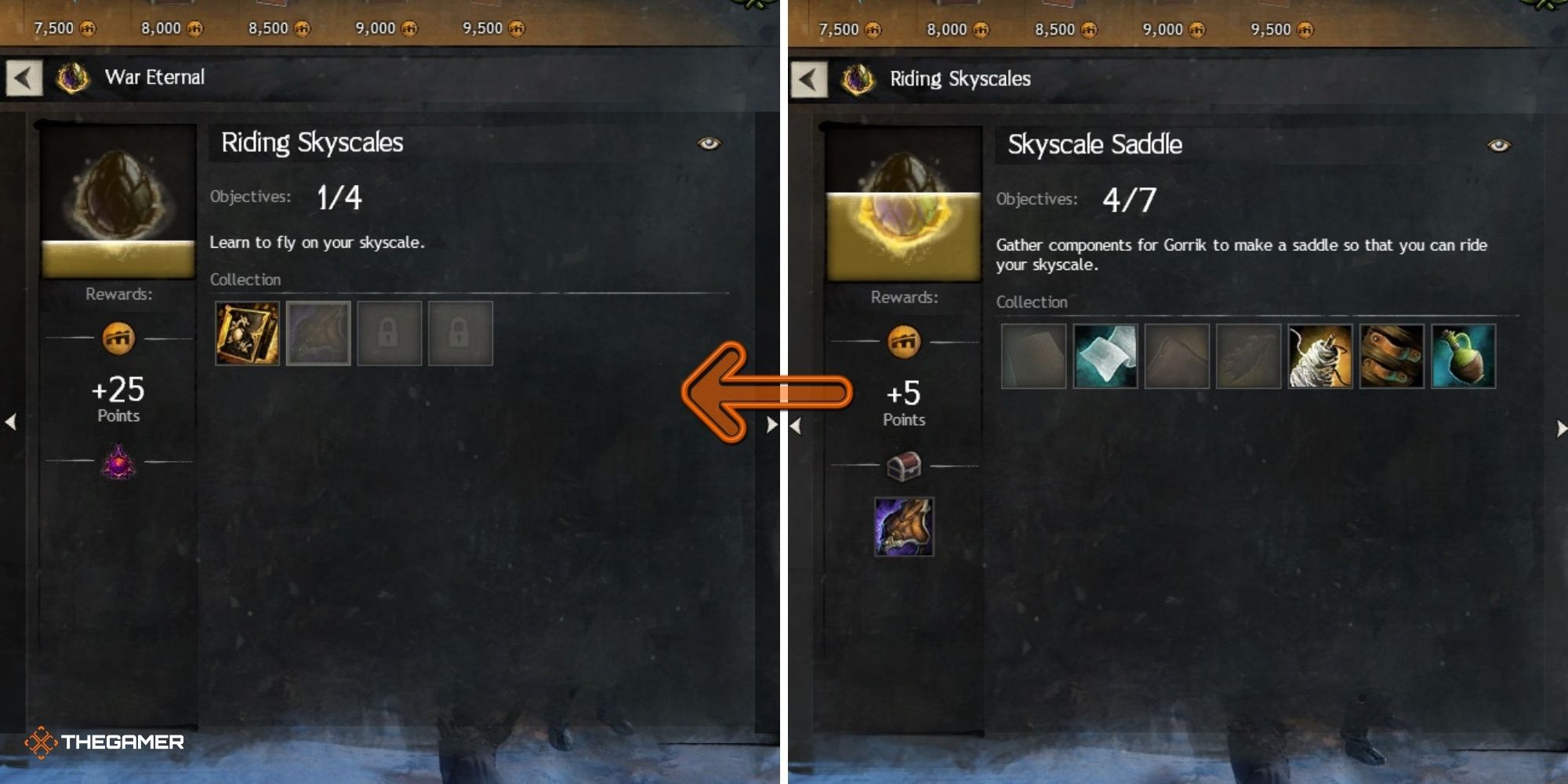 Guild Wars 2 - Achievement Menu, Riding Skyscales achievement on left, Skyscale Saddle achievement on right