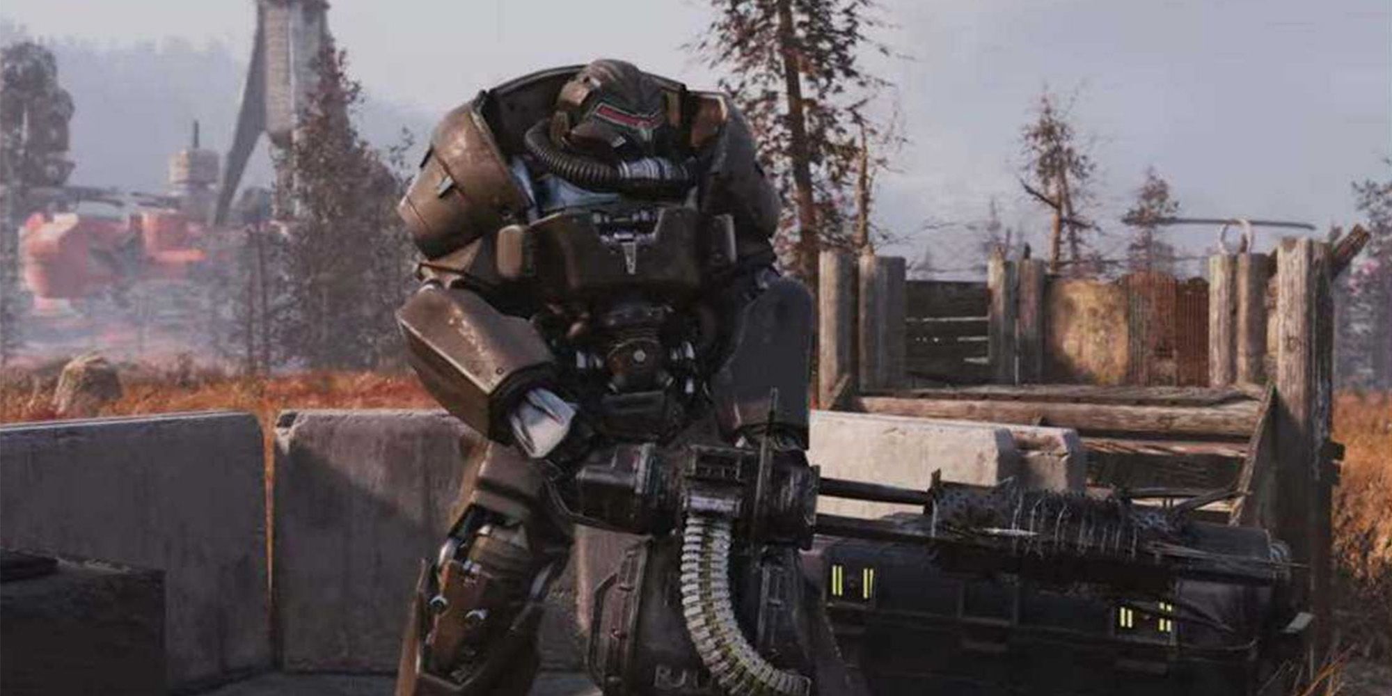 Hellcat Power Armor user wielding a Gatling gun in Fallout 76