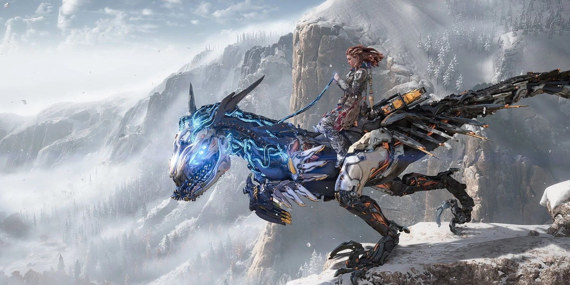 Aloy riding a Clawstrider in Horizon Forbidden West