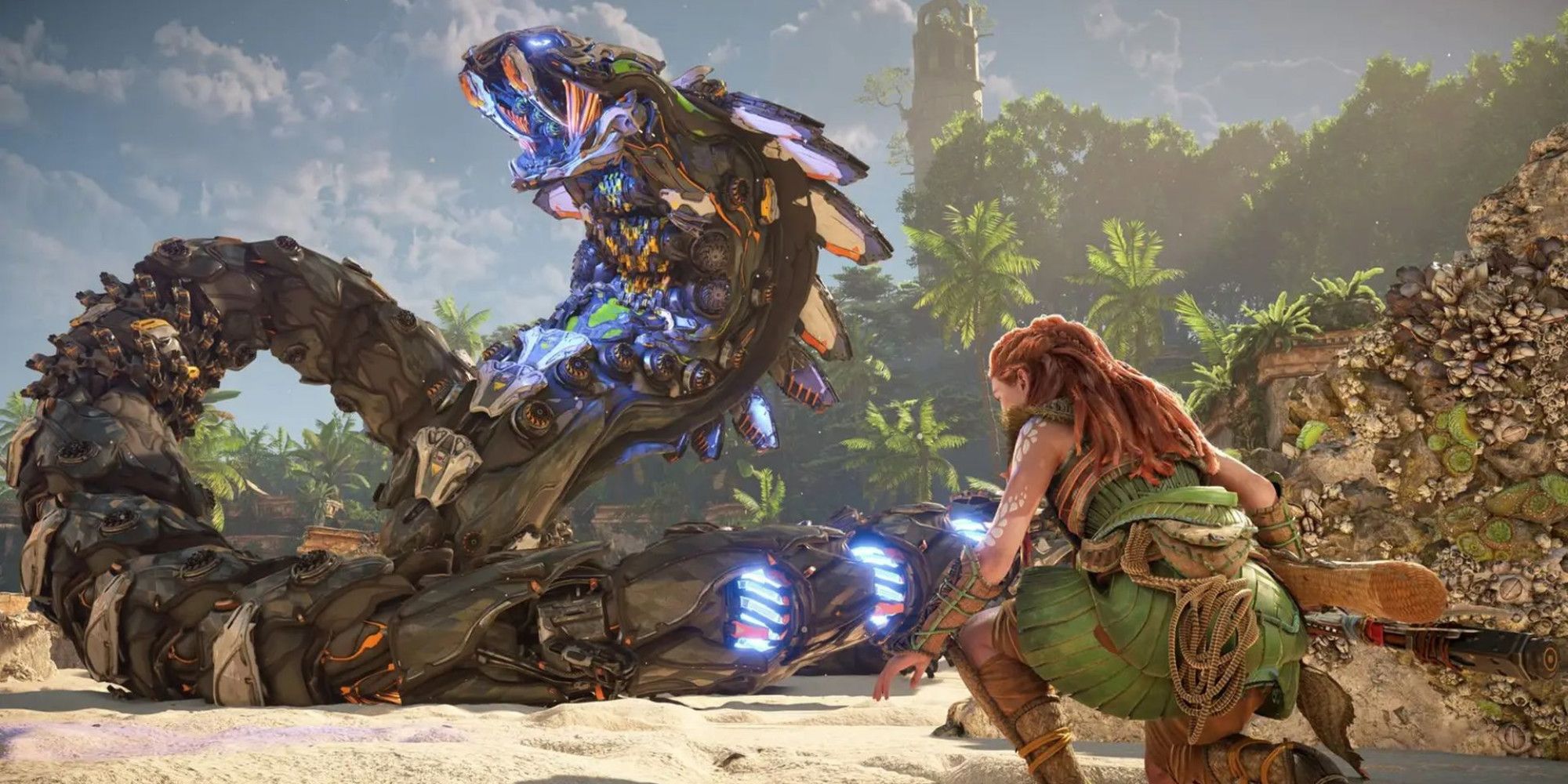 Aloy crouching before the Slitherfang in Horizon Forbidden West.