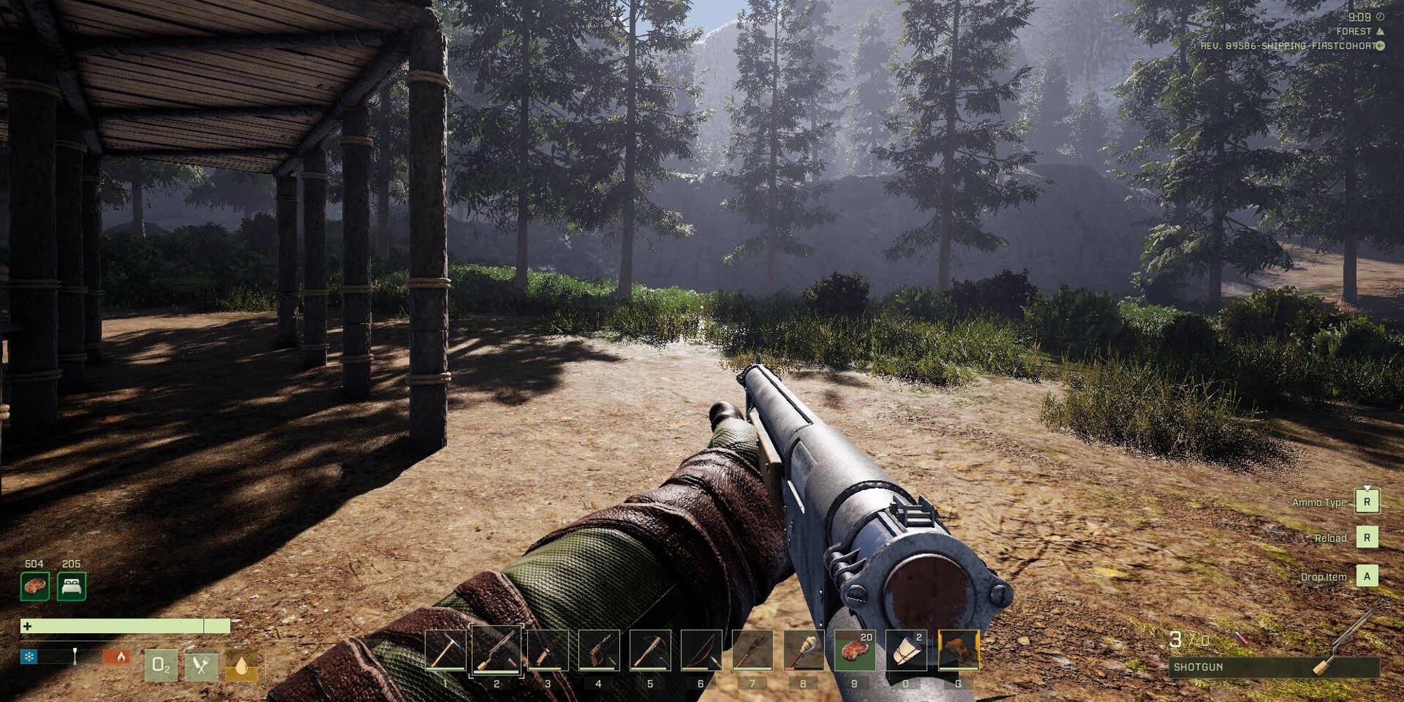 Player holding a shotgun while facing into the forest next to their base