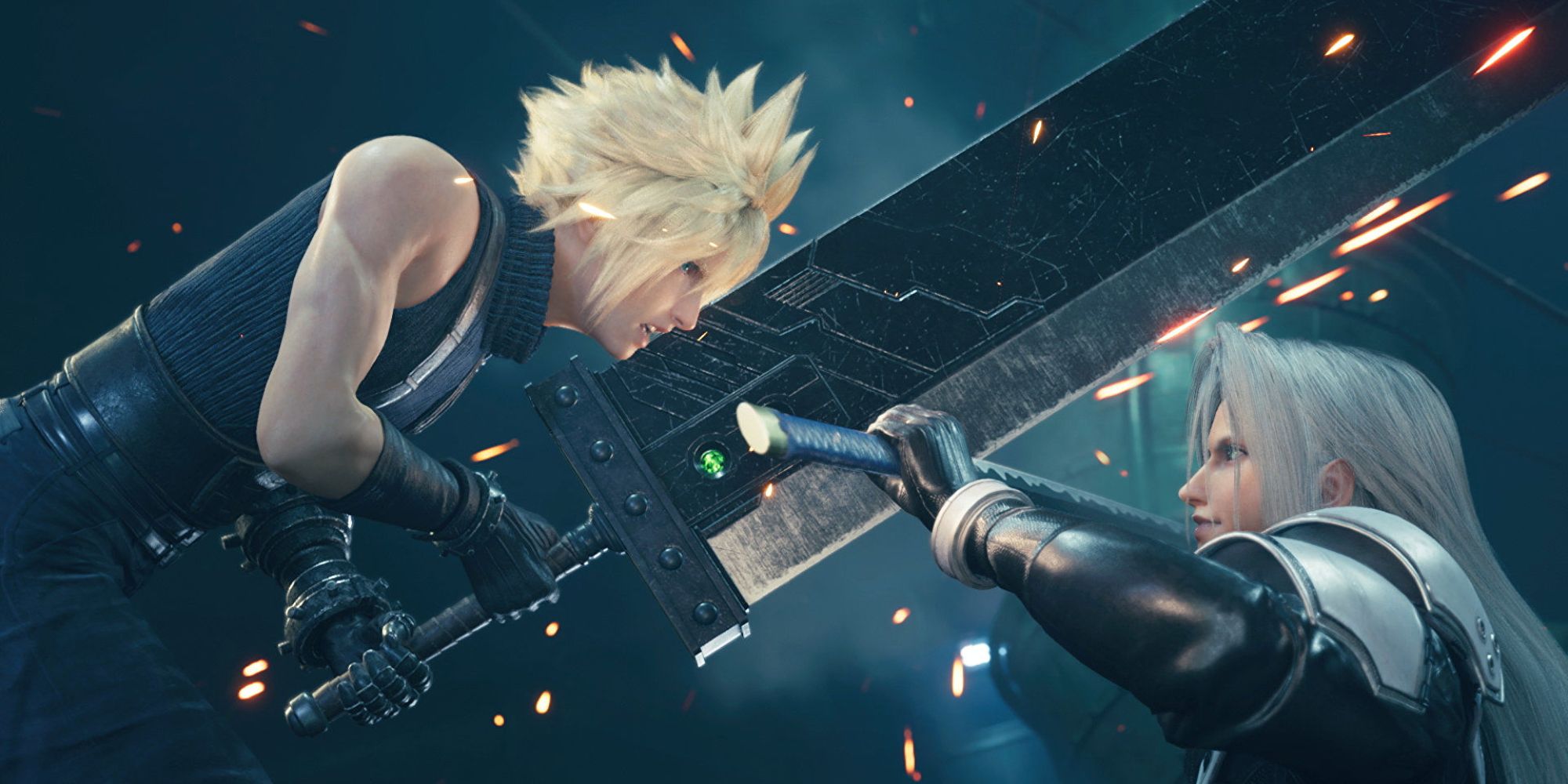 JRPG Battle Themes a mid shot of Cloud and Sephiroth from Final Fantasy 7 fighting with their swords clashing in the middle of the frame