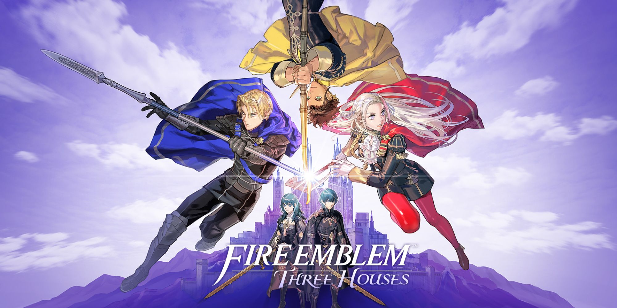 JRPG Battle Themes cover art for the game Fire Emblem Three Houses featuring both the male and female version of Byleth standing beneath Claude, Edelgard and Dimitri