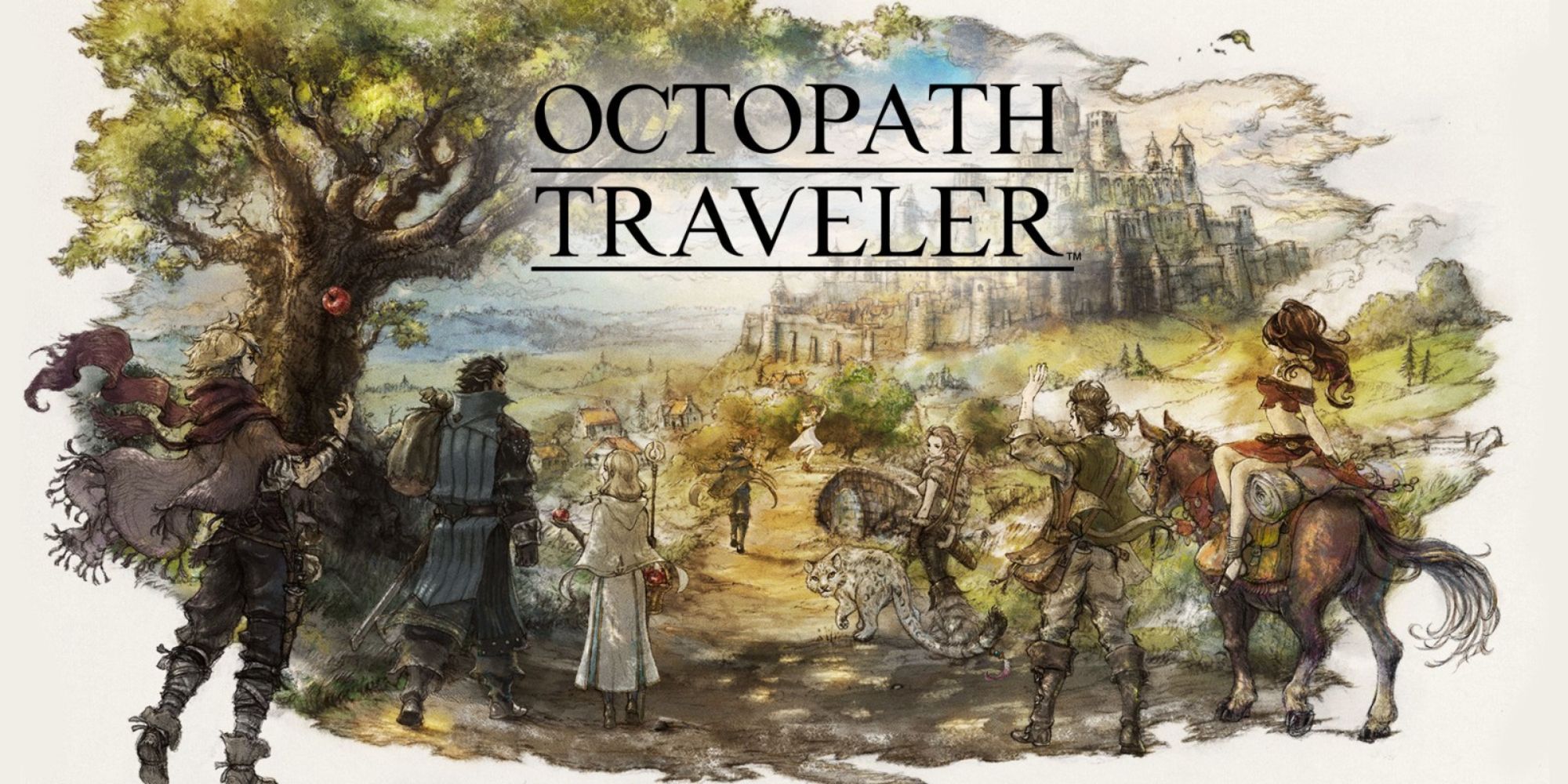 JRPG Battle Themes cover art for the game Octopath Traveler with its logo at the top and then its main protagonists, Ophilia, Cyrus, Tressa, Olberic, Primrose, Alfyn, Therion and H'aanit walking down a dirt path towards a city 