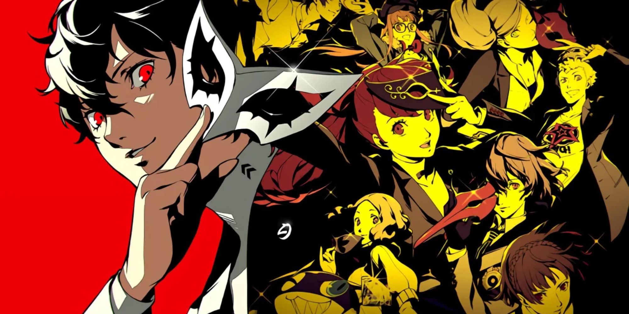 JRPG Battle Themes cover art for the game Persona 5 Royale with the protagonist Joker holding his mask on the left with the game's remaining protagonists on the right