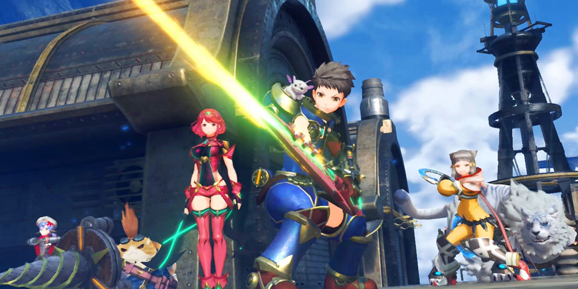 JRPG Battle Themes a wide shot from Xenoblade Chronicles 2 of Rex, Pyra, Tora, Nia, Poppi and Dromarch stood wielding their weapons in front of a building