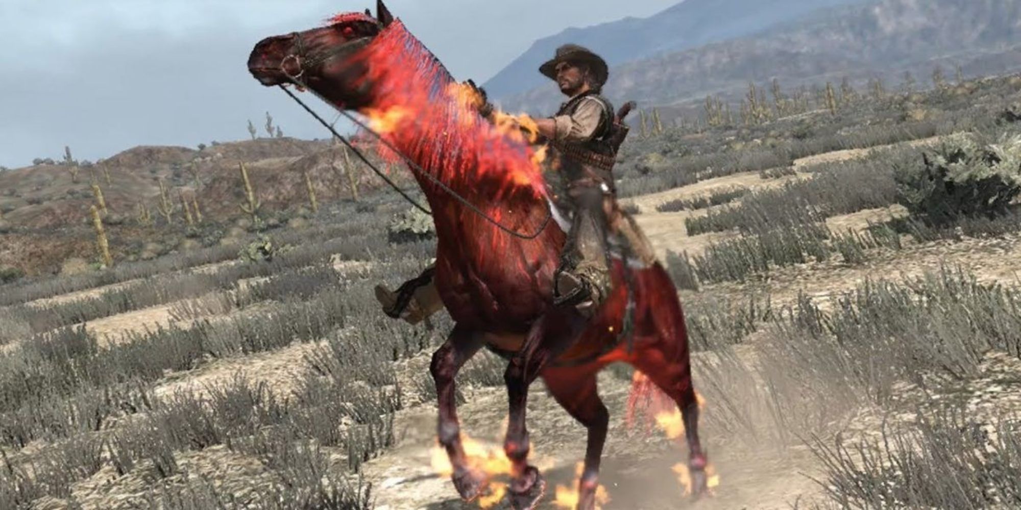 John Marston On War Horse On Fire In Desert