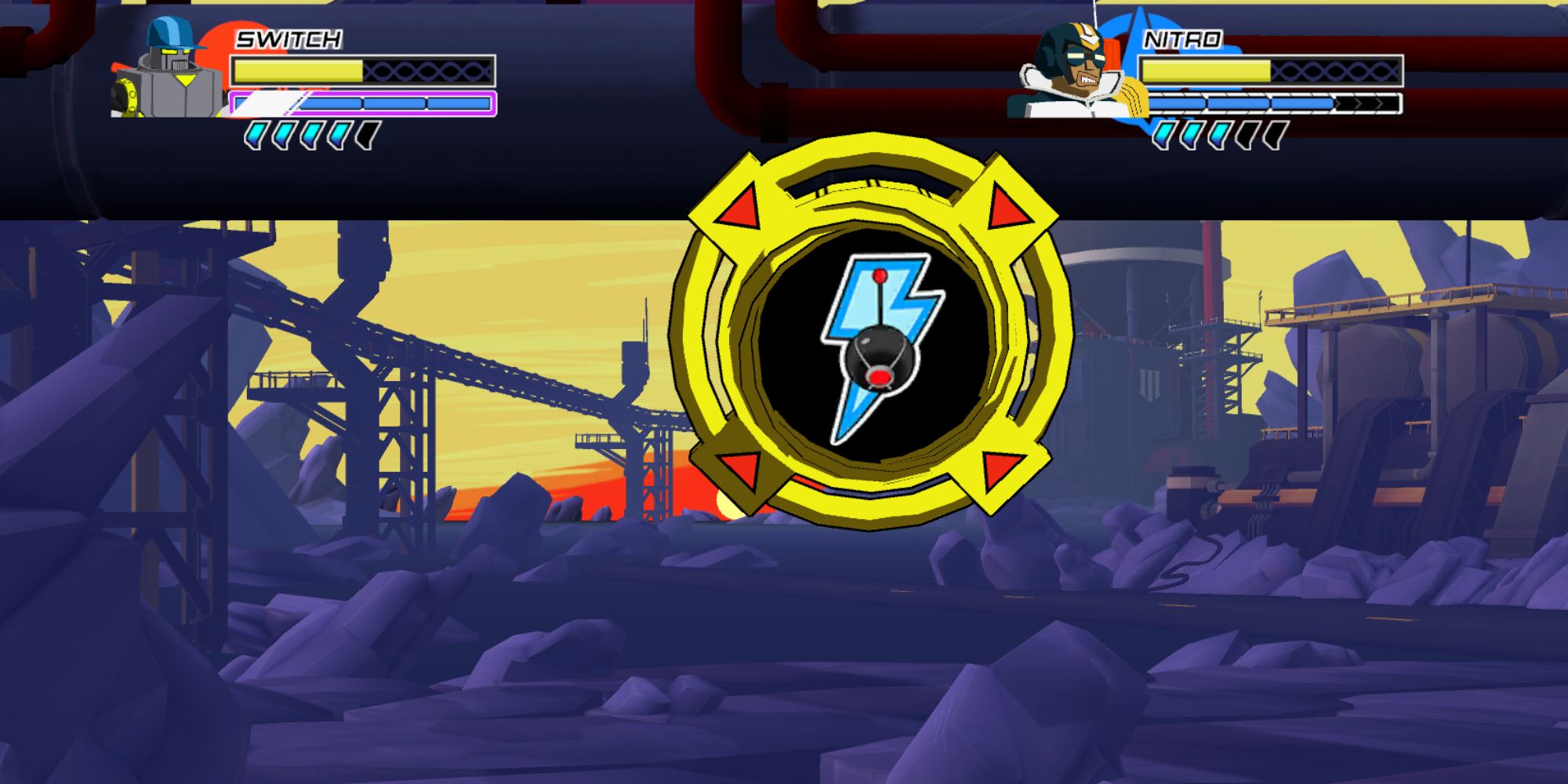 Lethal League Blaze a close up of a yellow target with an icon of a lightning bolt in the middle of it with the player's health at the top left and right of the image