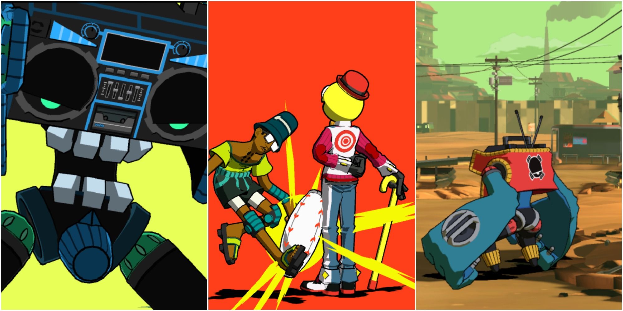 Lethal League Blaze on the left a close up of Doombox, in the middle Candyman and Dice and on the right a mid shot of Doombox from the side