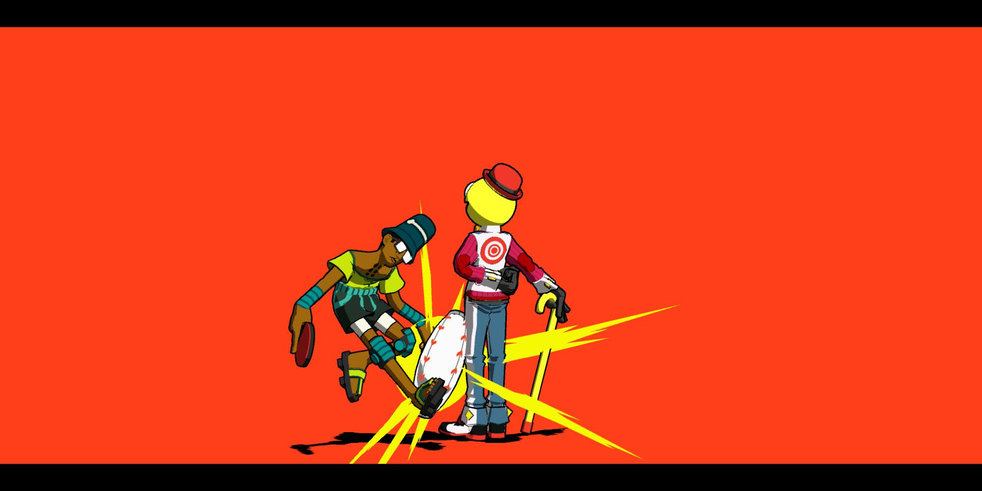 Lethal League Blaze a wide shot of the characters Dice and Candyman against a pastel red background with Dice being hit by a baseball 