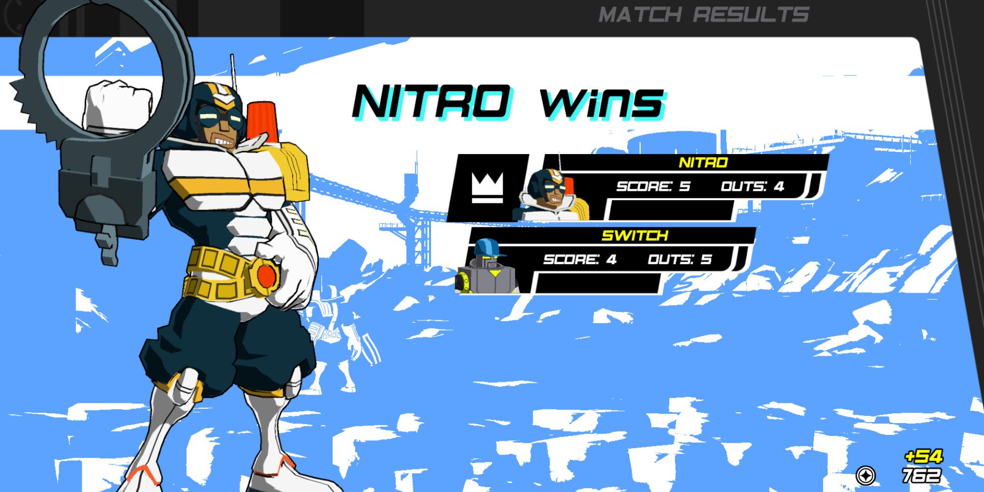 Lethal League Blaze a mid shot of Nitro on the left with the words "Nitro Wins" to his right and beneath the amount of points and outs each player has against a blue and white background