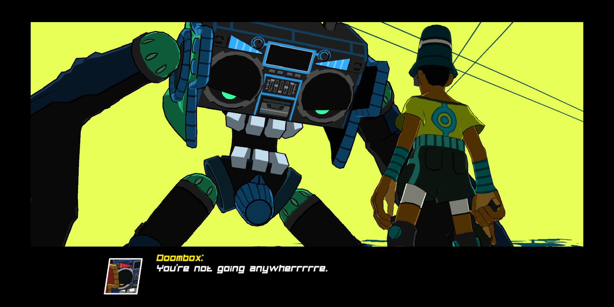 Lethal League Blaze a cutscene from the game's story mode with Doombox looming tall on the right over Dice against a yellow background with Doombox's dialogue beneath them