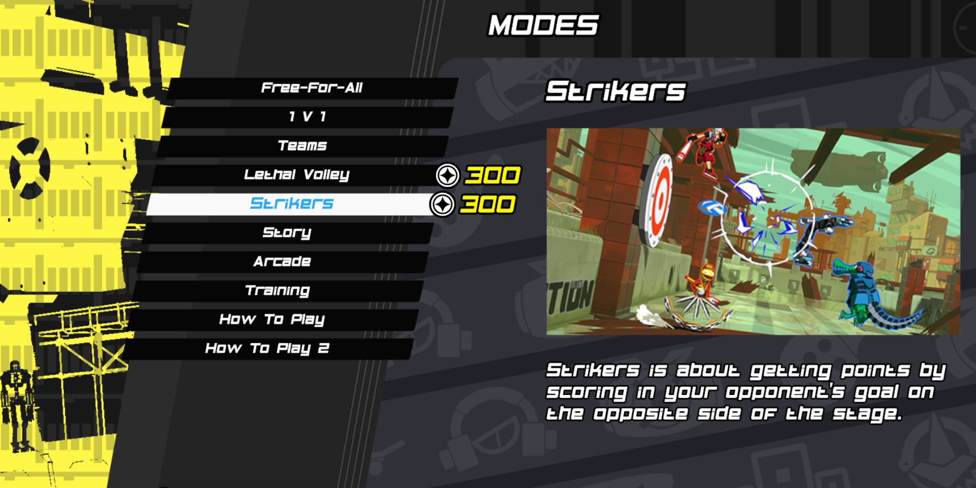 Lethal League Blaze a menu of the various modes that can be played including two that need to be unlocked with the description and an image of the mode on the right
