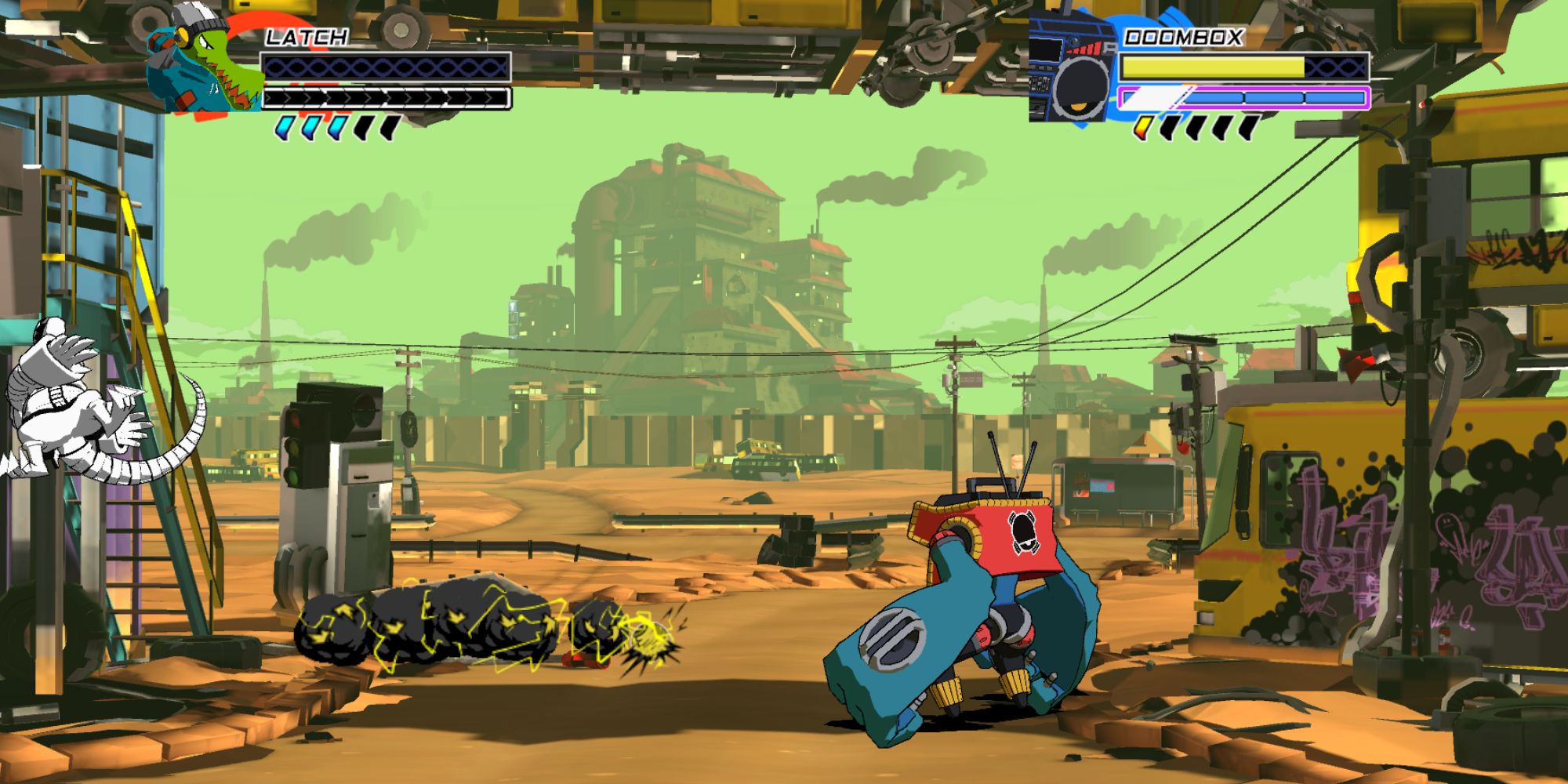 Lethal League Blaze a wide shot of Doombox on the right and Latch on the left all greyed out and being launched off the screen
