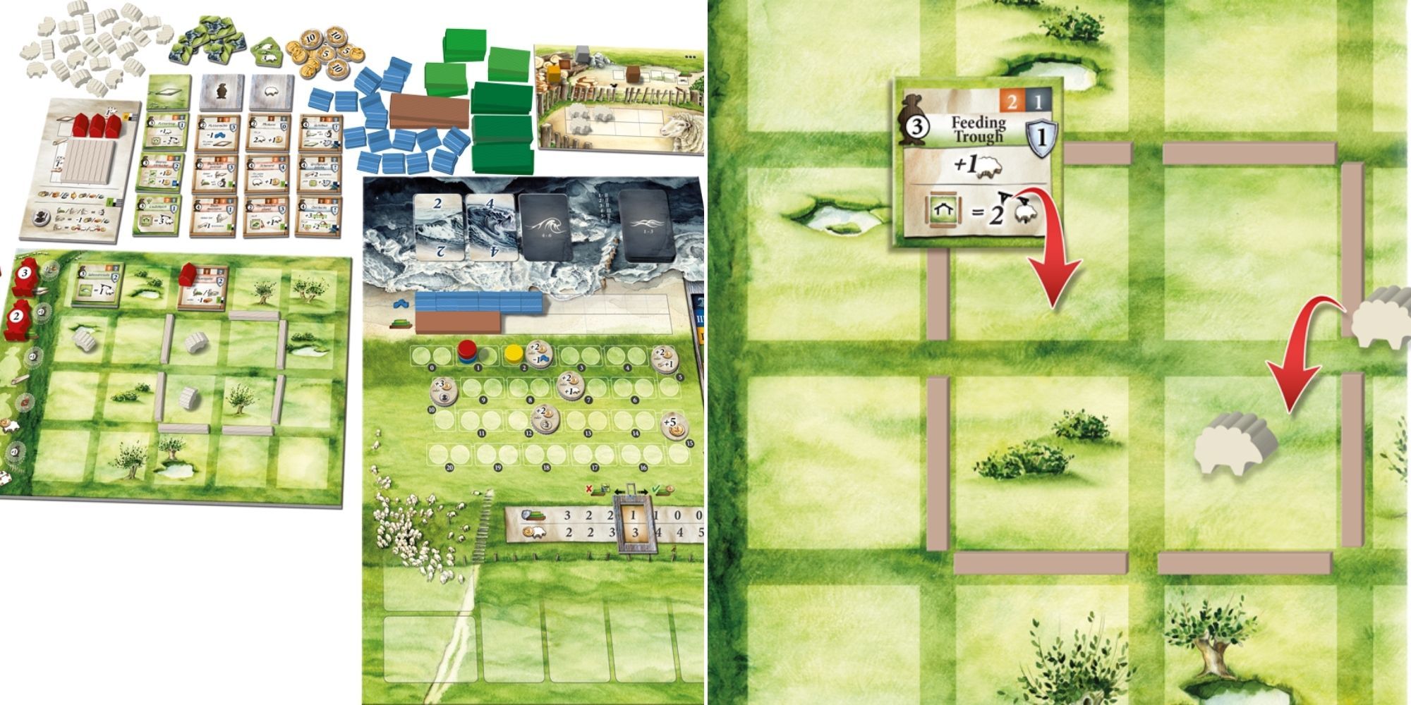 Lowlands - Board game set up and components - Close up of Sheep and buildings being placed on the board