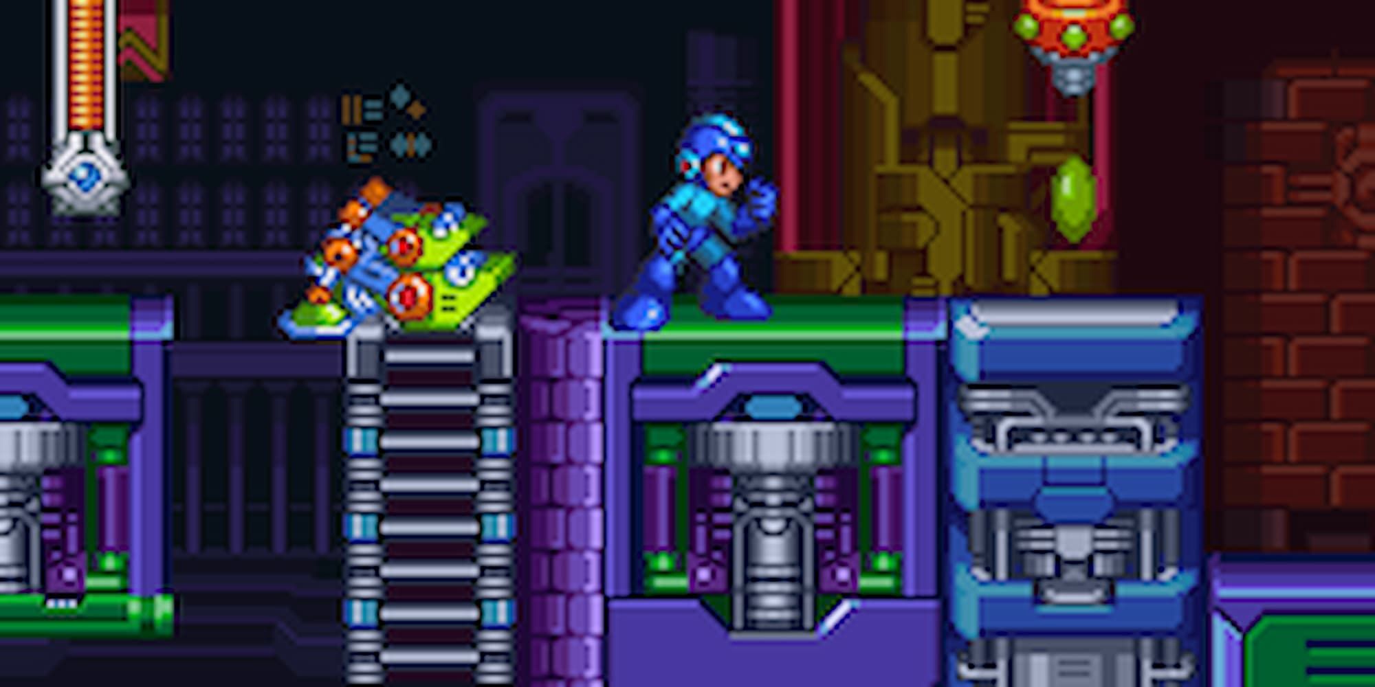 Mega Man next to a ladder and some enemies in MMAB