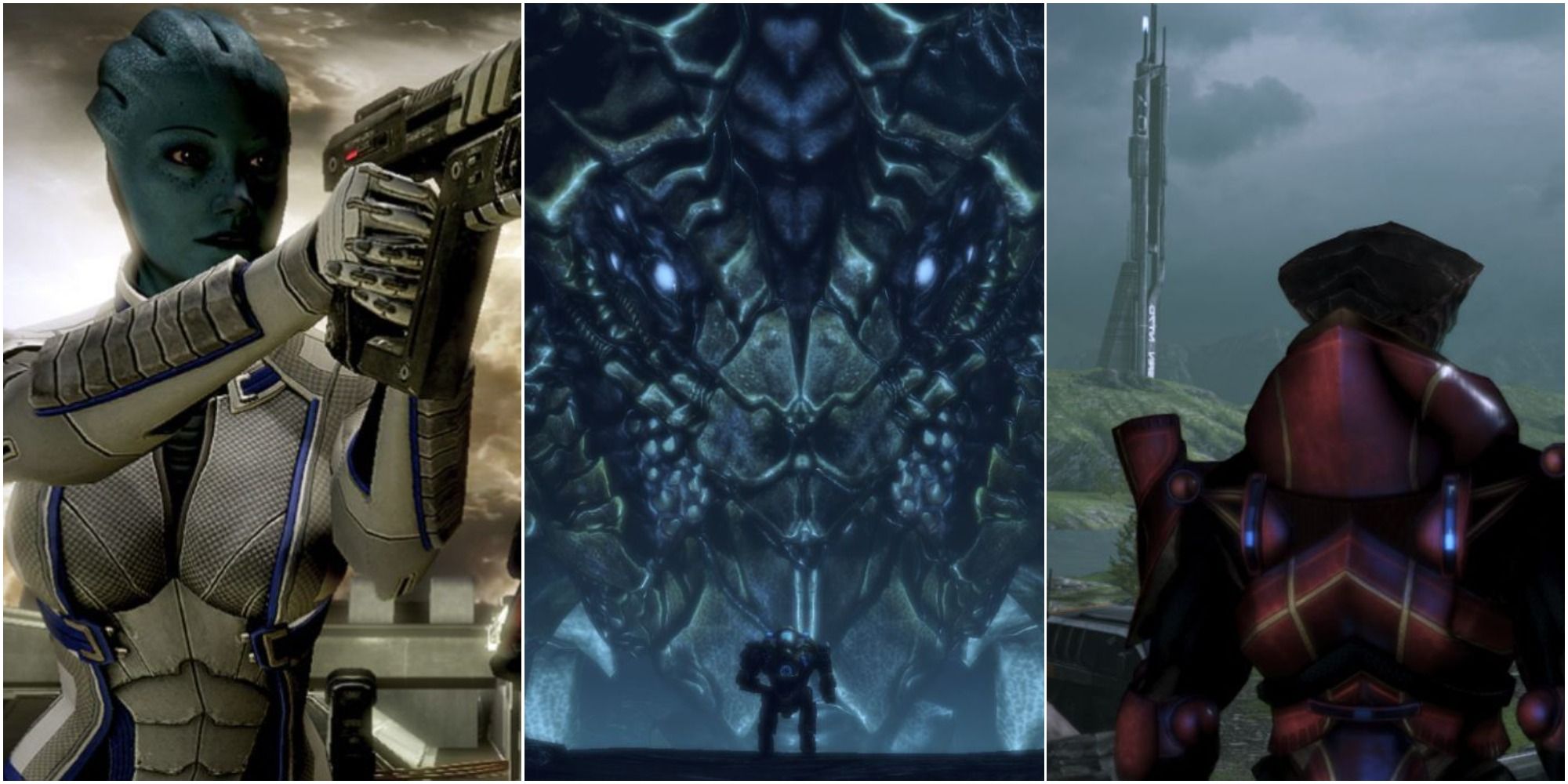 Liara aiming her gun from Lair of the Shadow Broker, Shepard meeting the Leviathans, and Javik on Eden Prime, left to right