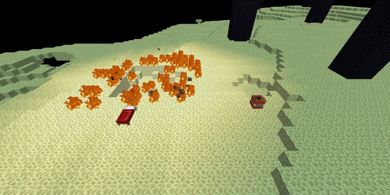A bed acting as TNT in the End in Minecraft