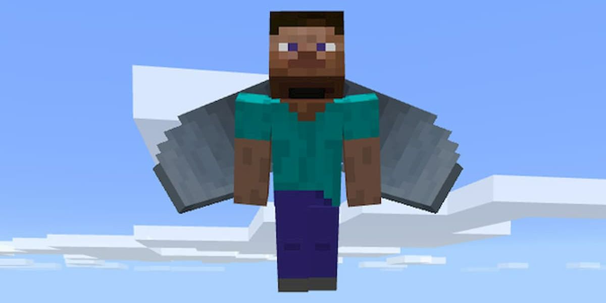 Steve flying with an Elytra on his back in Minecraft