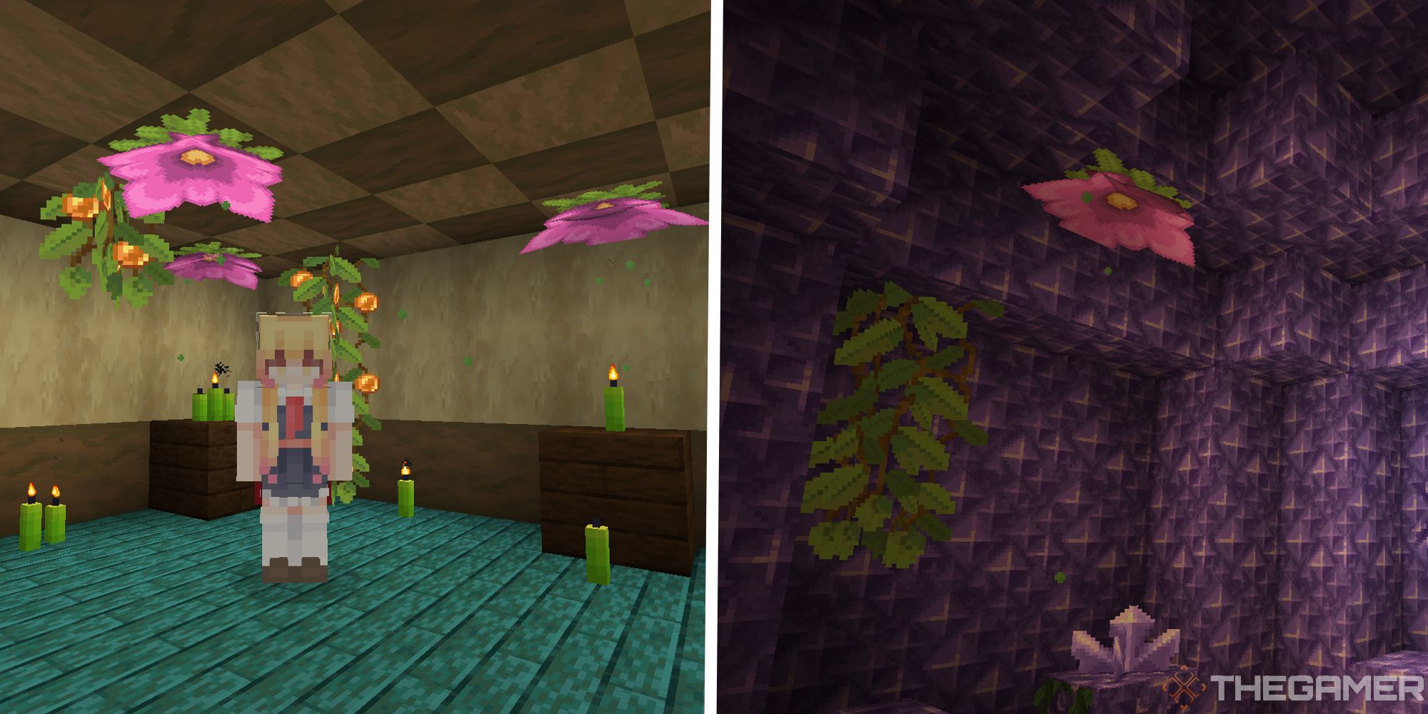 player standing in spore blossom decorated room, next to image of spore blossom in amethyst lush cave biome 