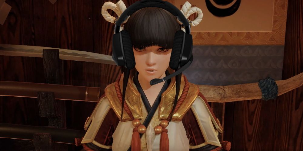 Monster Hunter Rise PC- An image of the Quest Maiden using a headset (probably to talk trash)