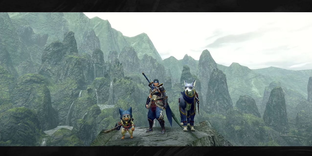 Monster Hunter Rise PC - The hunter stands on a mountain top with his palico and palimute companions (in widescreen)