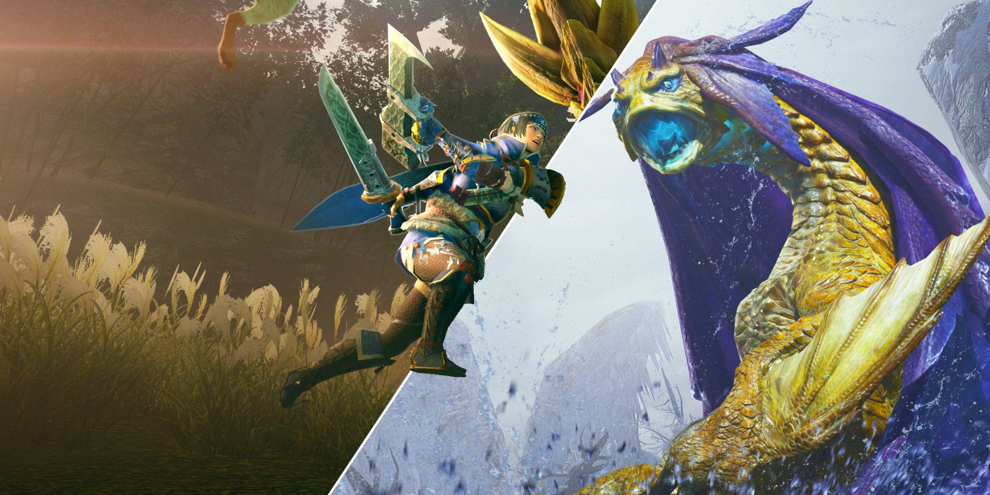 Monster Hunter Rise Featured Image (showing a split image that features a hunter leaping across one panel, from a forested environment, into another, with a watery environment)