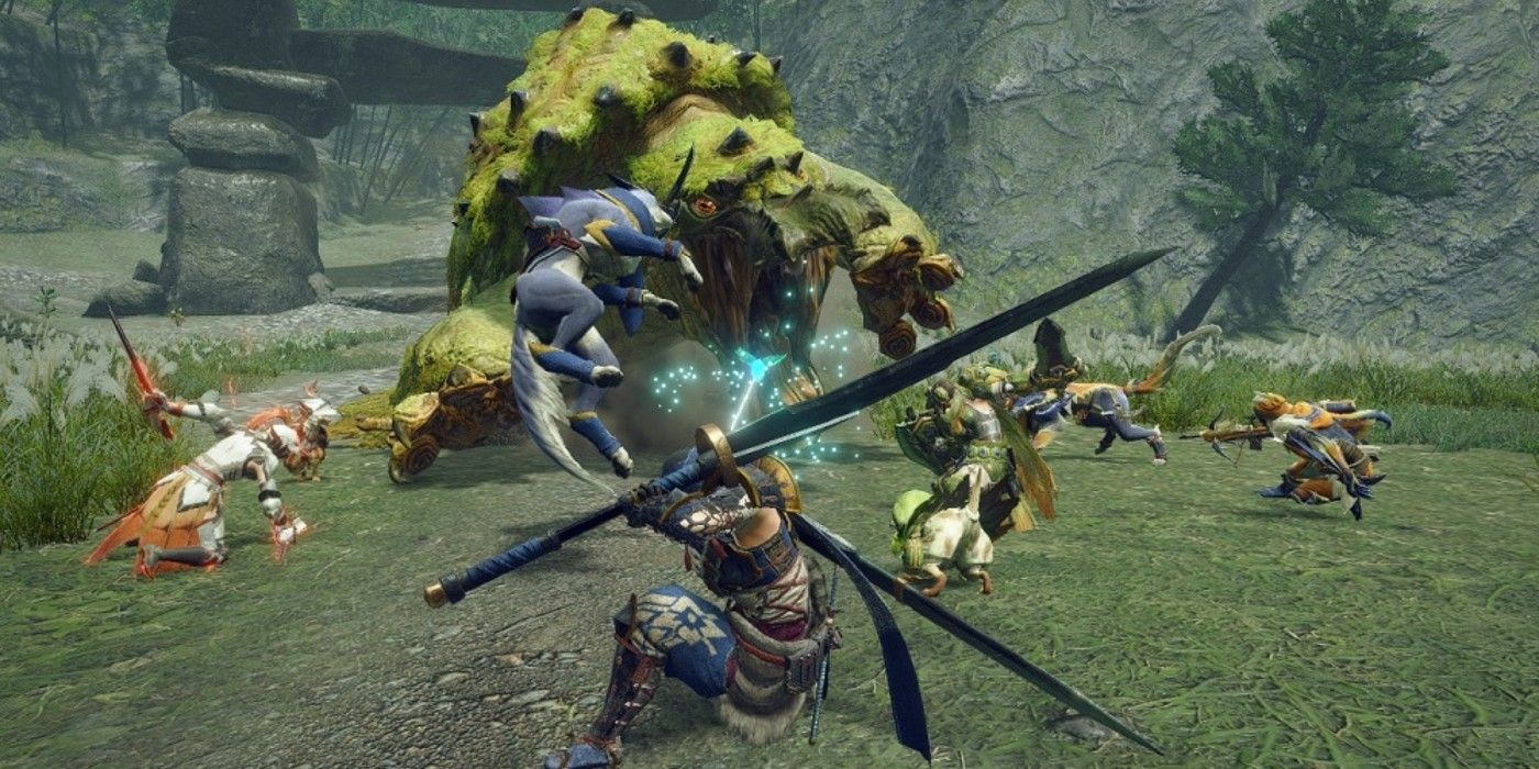 Monster Hunter Rise Switch wielding large sword against massive monster in field battle