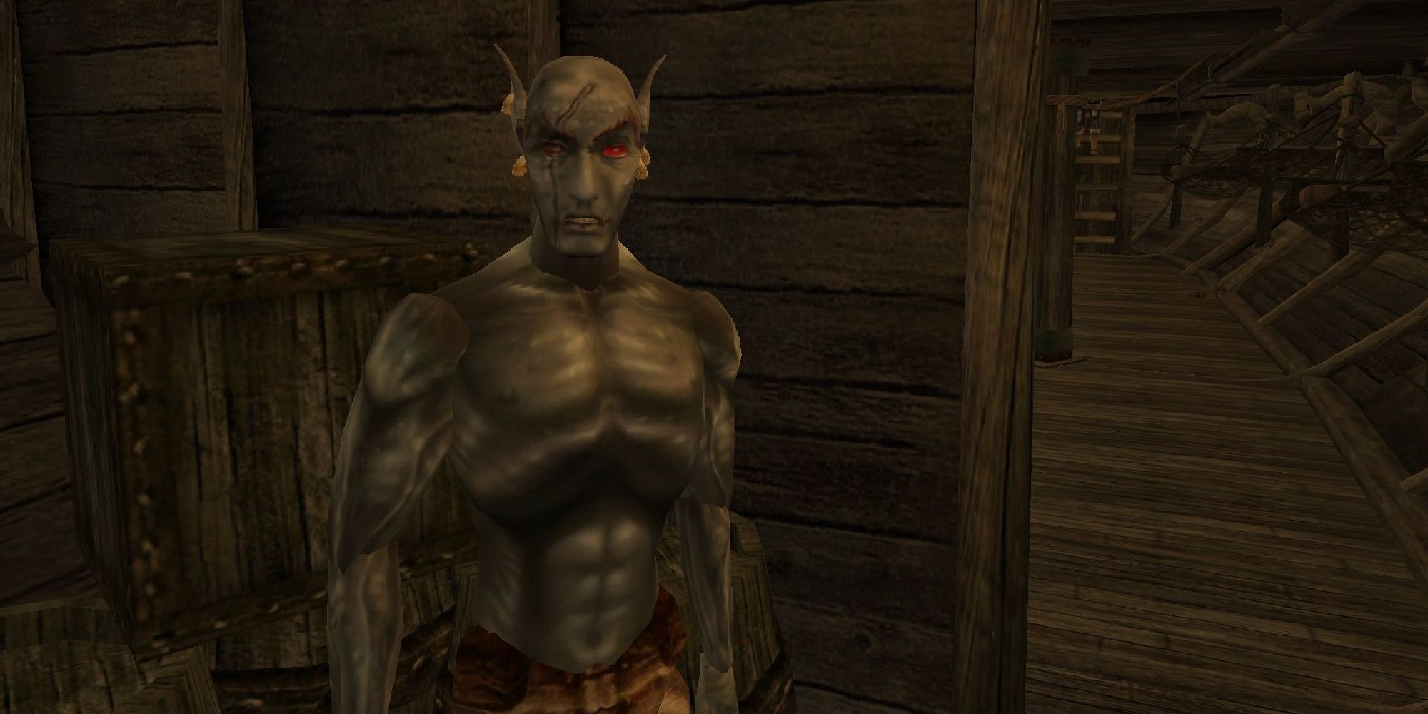 Morrowind Jiub standing at the back of the boat topless, one eye scarred and the other red