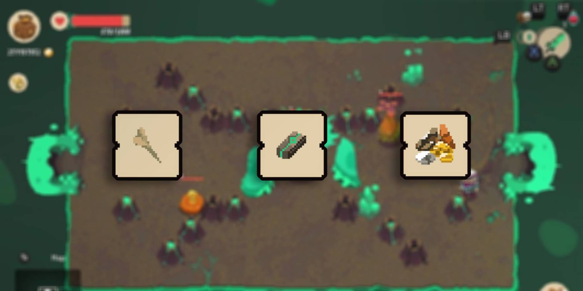 Moonlighter three item images overlayed with dungeon background
