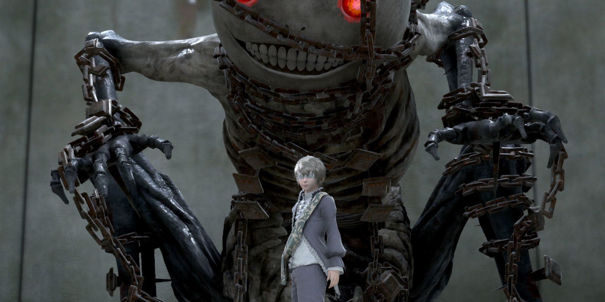 Nier screenshot of a Replicant standing in front of a robot