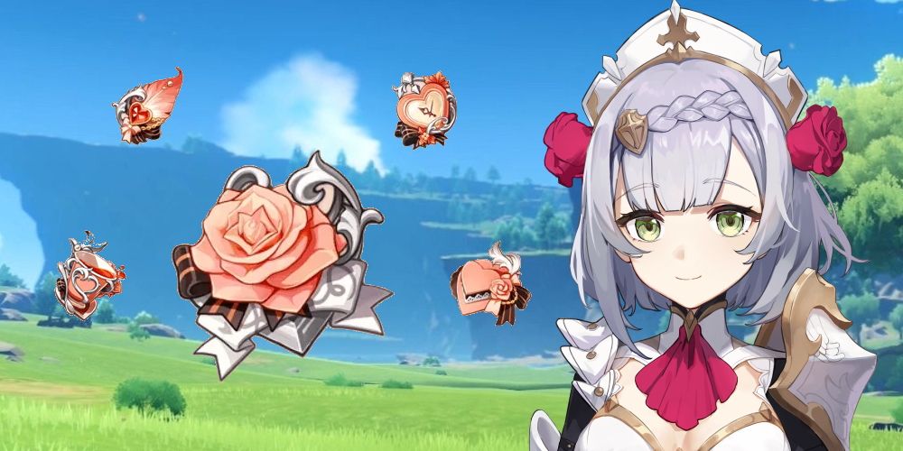 Genshin Impact's Noelle smiling while the complete Maiden Beloved set hovers beside her