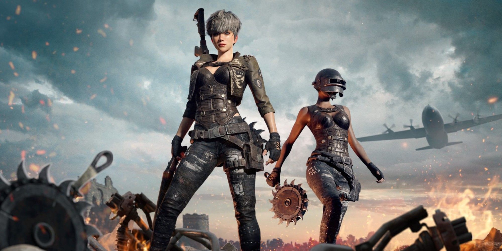 two characters in pubg, battlefield with melee weapons