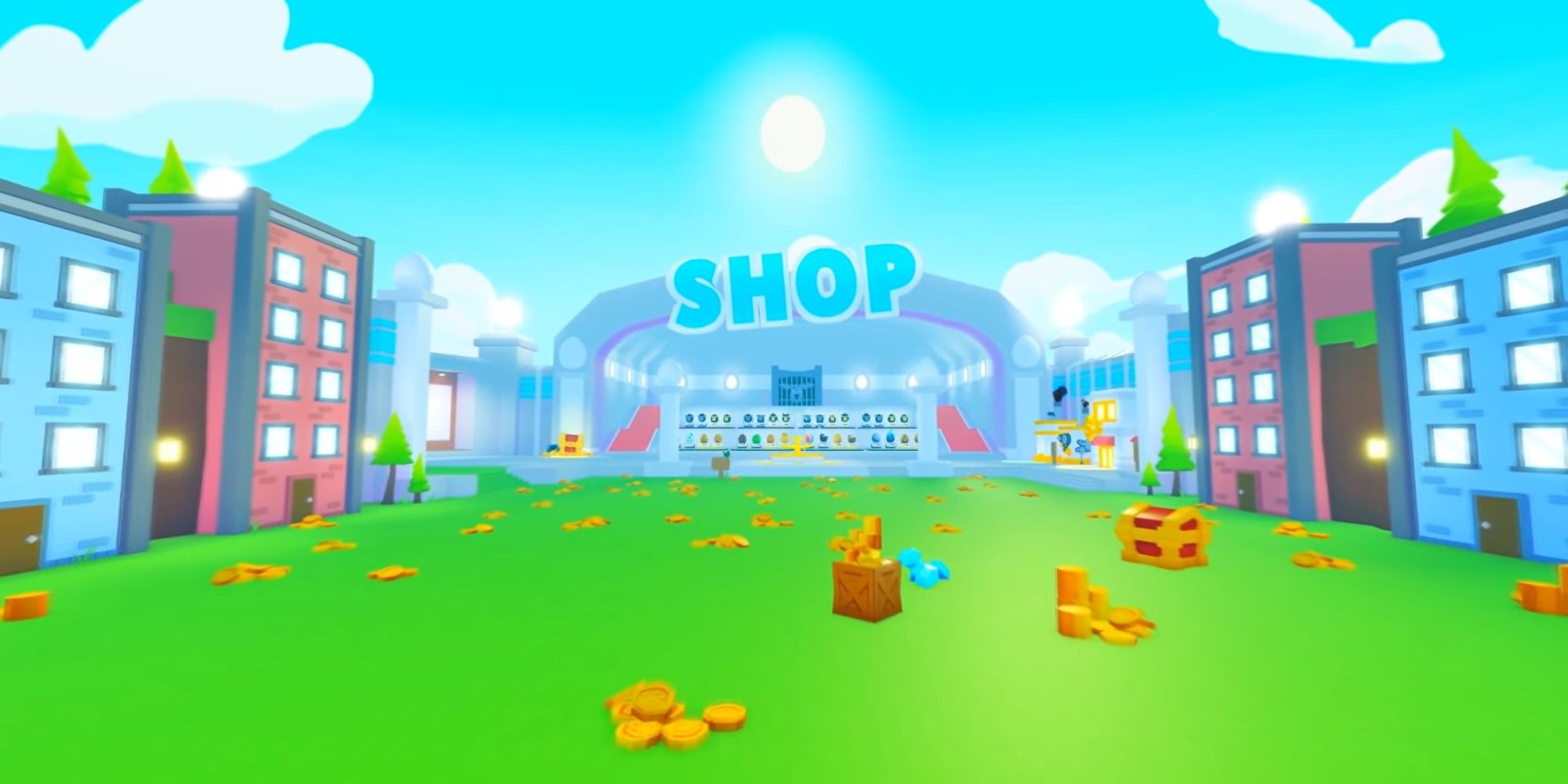 Pet Simulator X Scene Of A Shop With Blue Sky And Green Grass