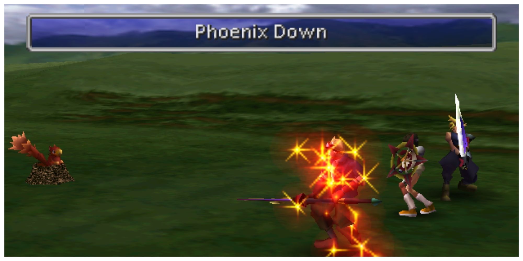 Final Fantasy 7 Cloud using a Phoenix Down on Cid in battle