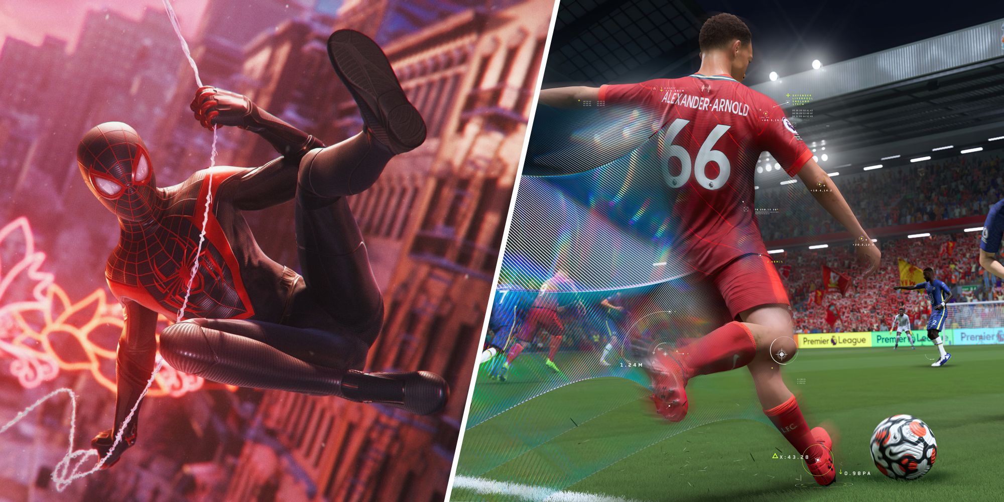 Miles Morales on the left Trent Alexander-Arnold in FIFA 22 on the right.