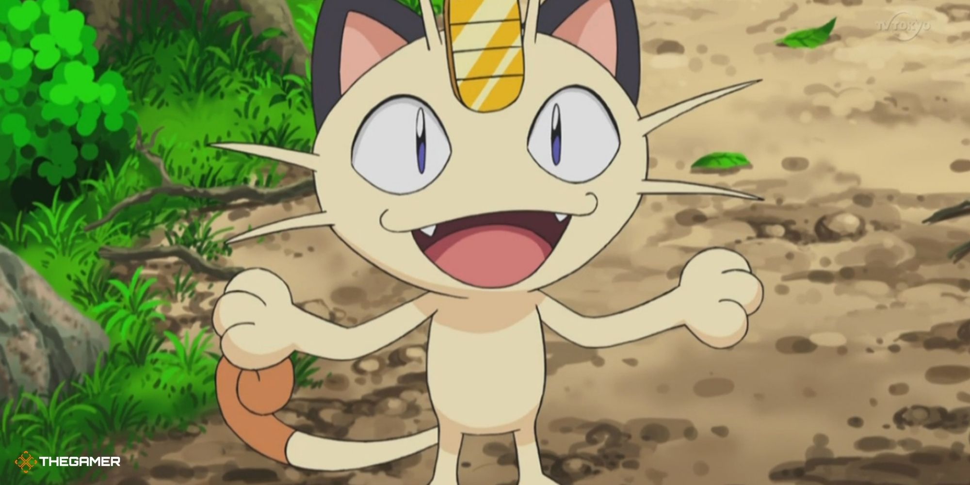 Meowth smiling and holding its arms wide in the Pokemon anime