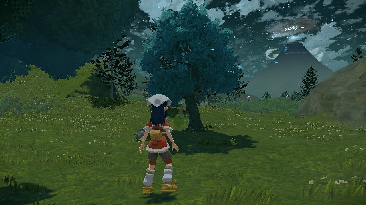 Pokemon Legend Arceus a Pokemon coming out of a tree