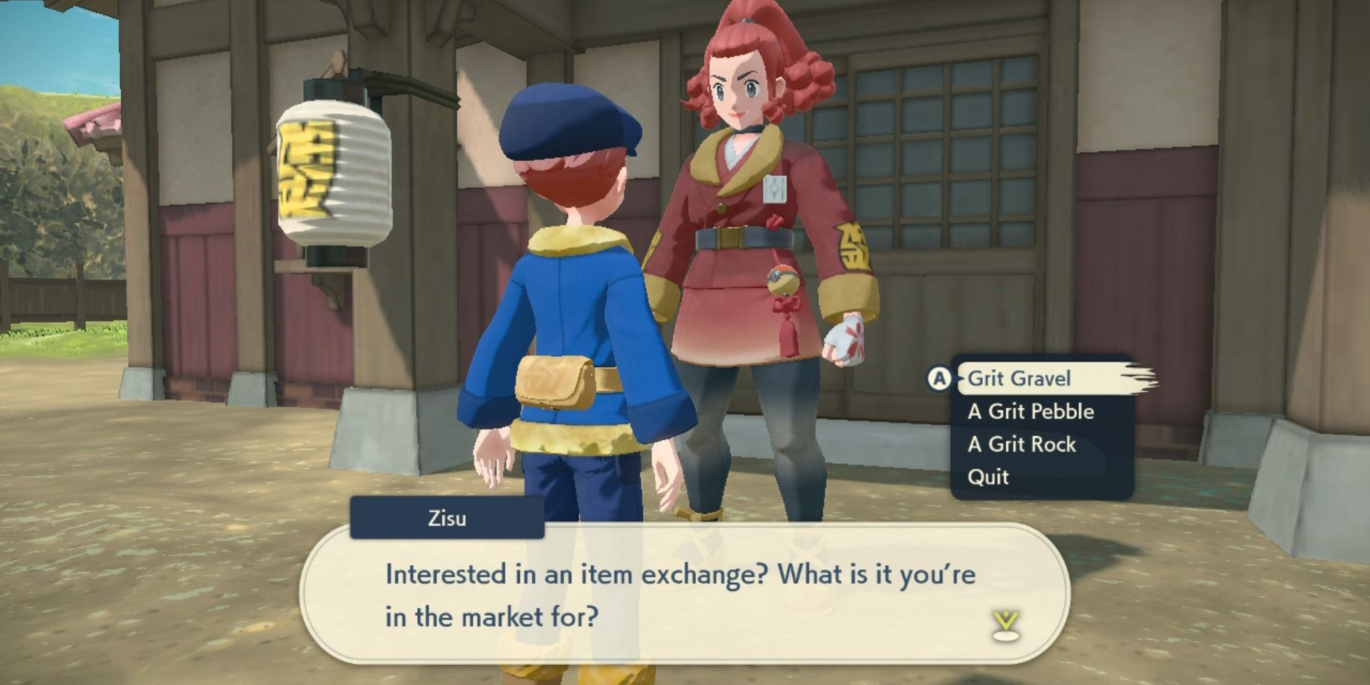 Zisu offering to trade Grit items in Pokemon Legends Arceus