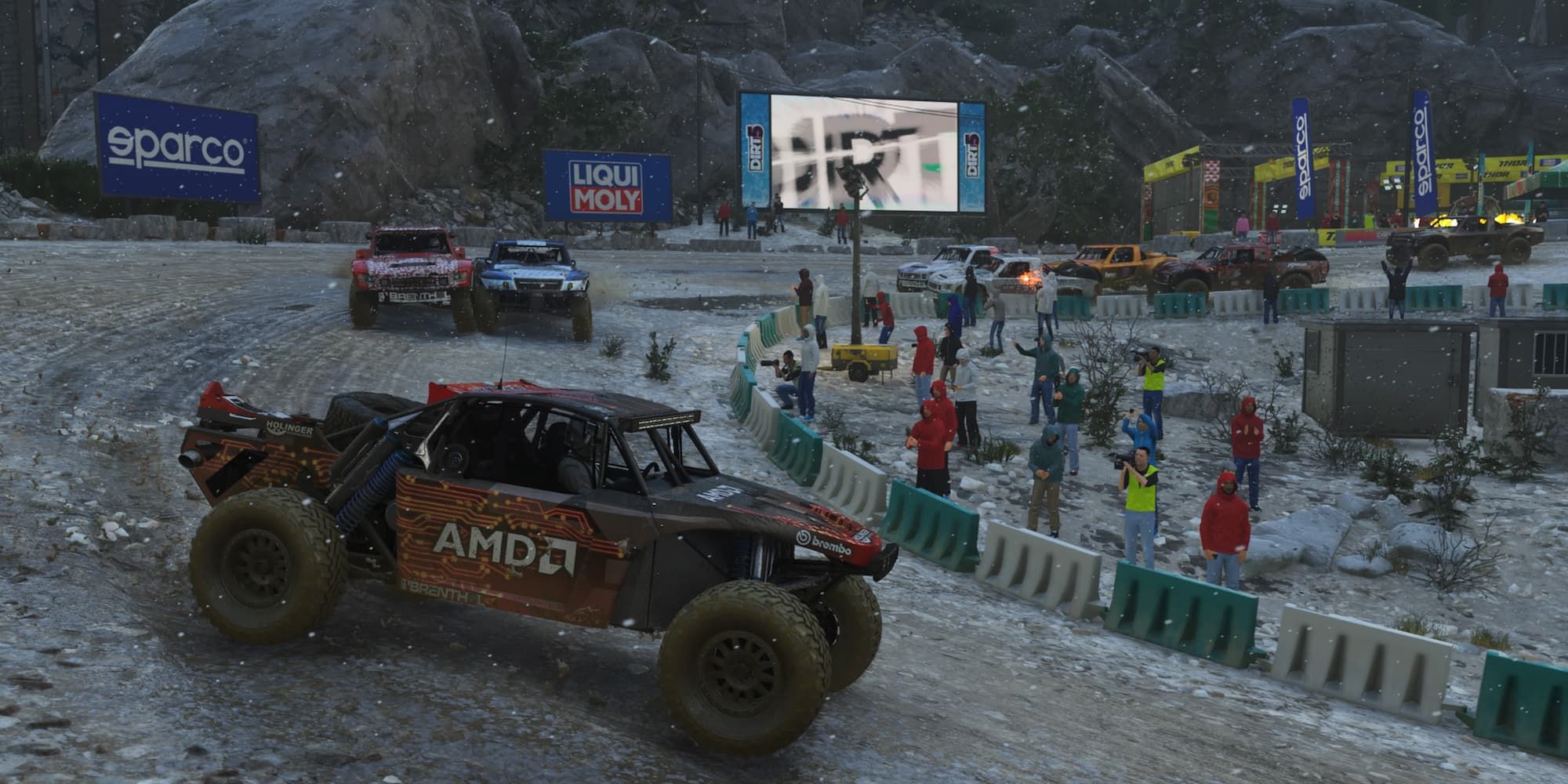 Screenshot of cars racing in heavy rain in Dirt 5