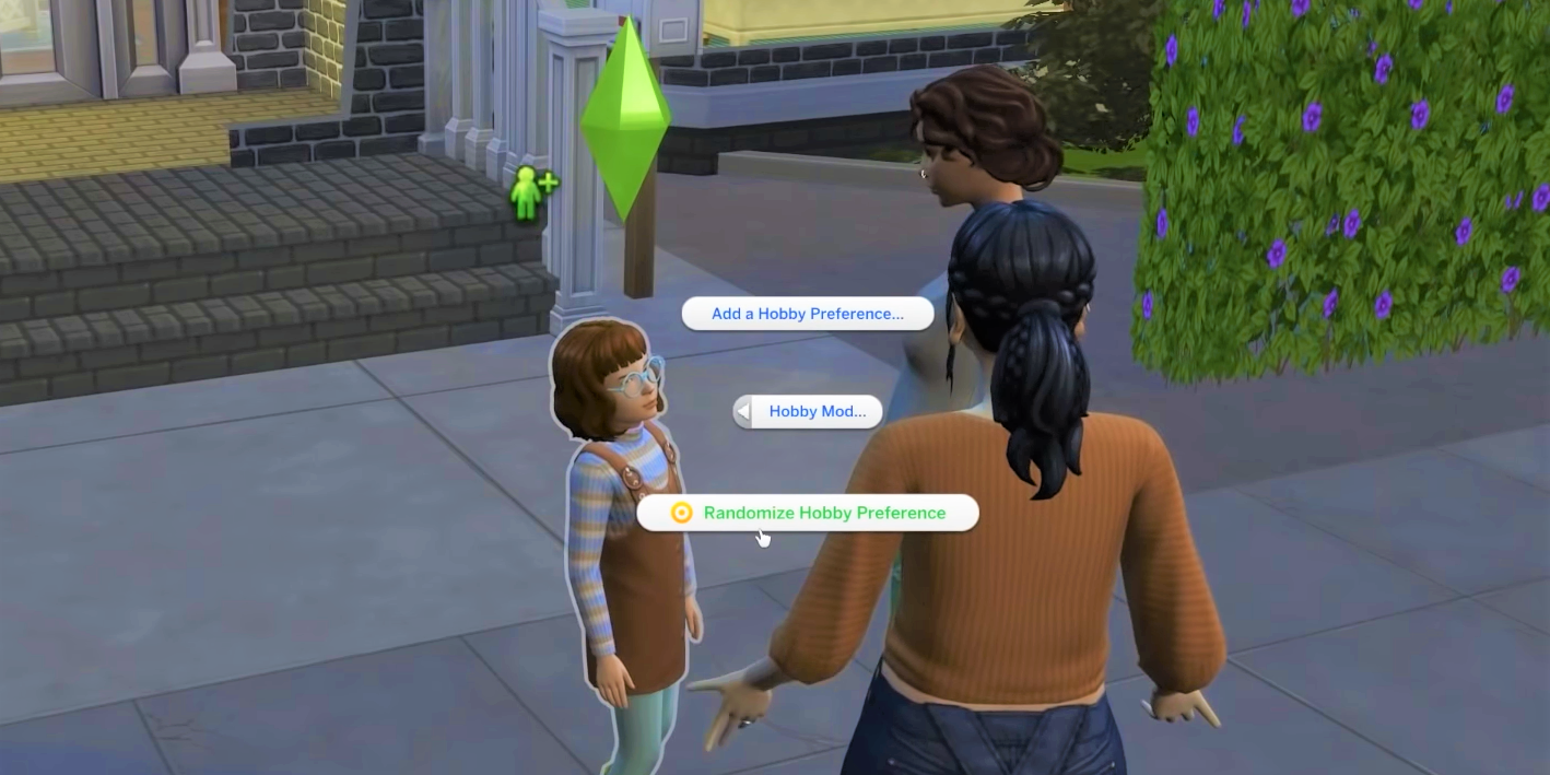 A child Sim talks to their parents, as her hobby is being randomized via the pie menu in The Sims 4