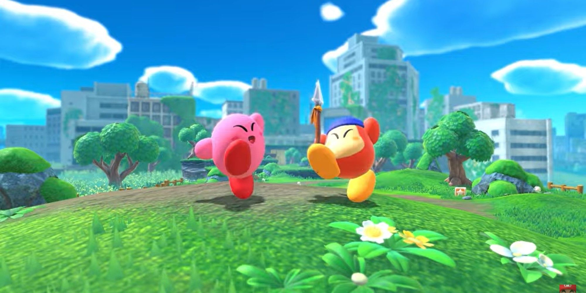 Kirby and Bandana Waddle Dee standing on a grassy hill