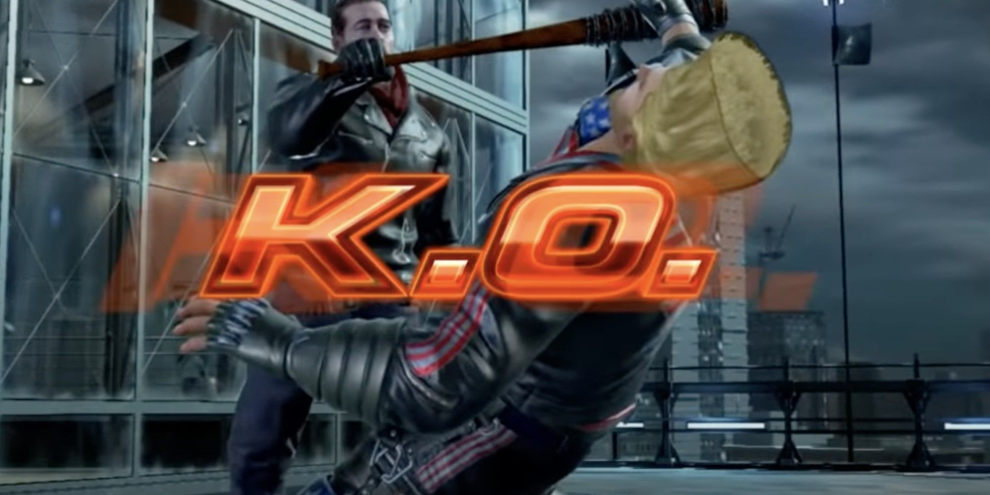 The Walking Dead's Negan knocks out Paul with a barb-wired baseball bat on a rooftop in Tekken 7.