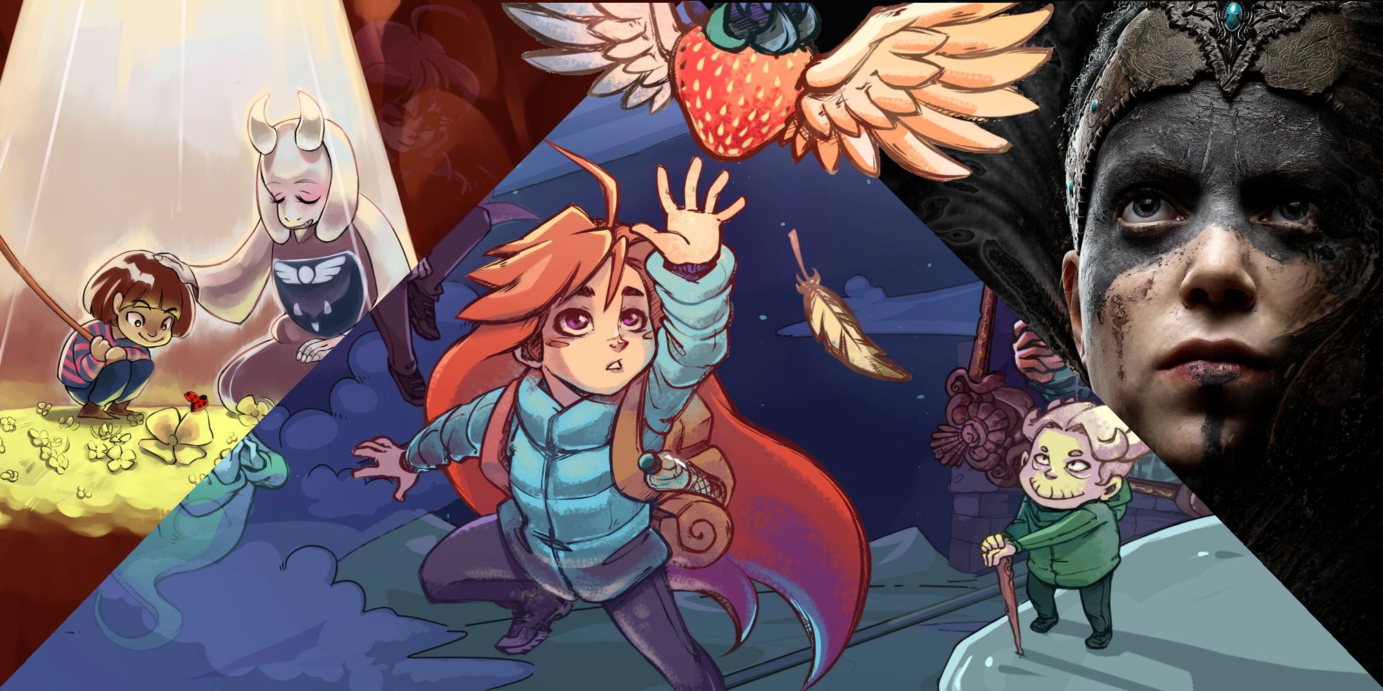 Self Affirming Games Featured Image (showing Madeline reaching out for a strawberry, Toriel comforting the Undertale protagonist, and Senua looking stoic)