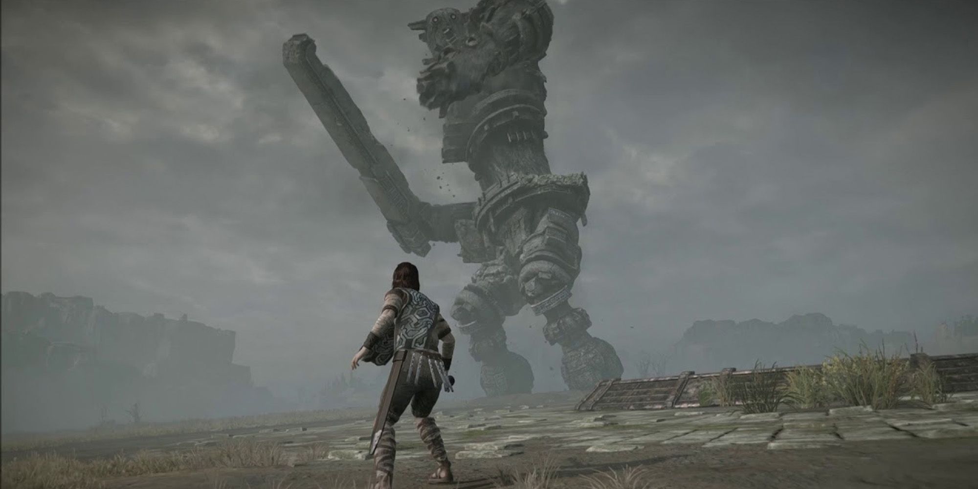 screenshot of Shadow of the Colossus where the protagonist faces off with Colossi 3, Gaius 