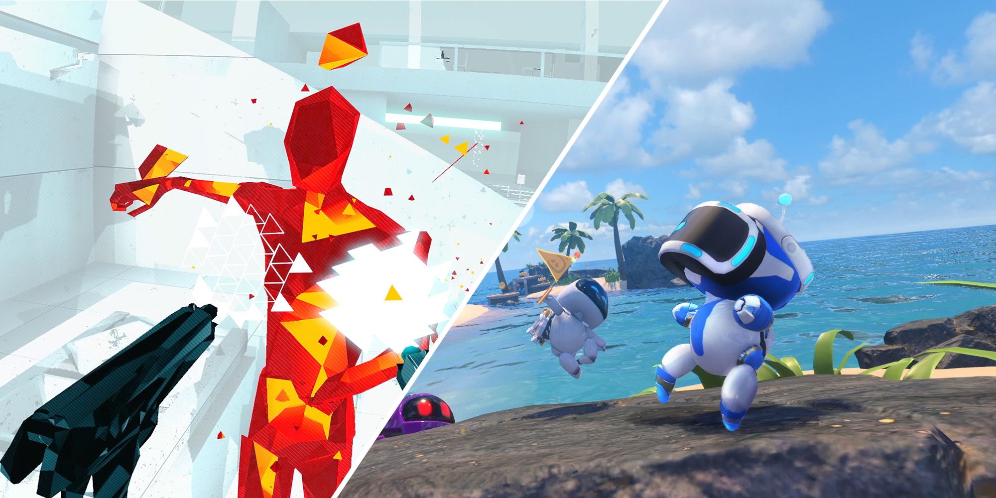 Short VR Games Featured Image (showing scenes taken from Super Hot and Astro Bot Rescue Mission)