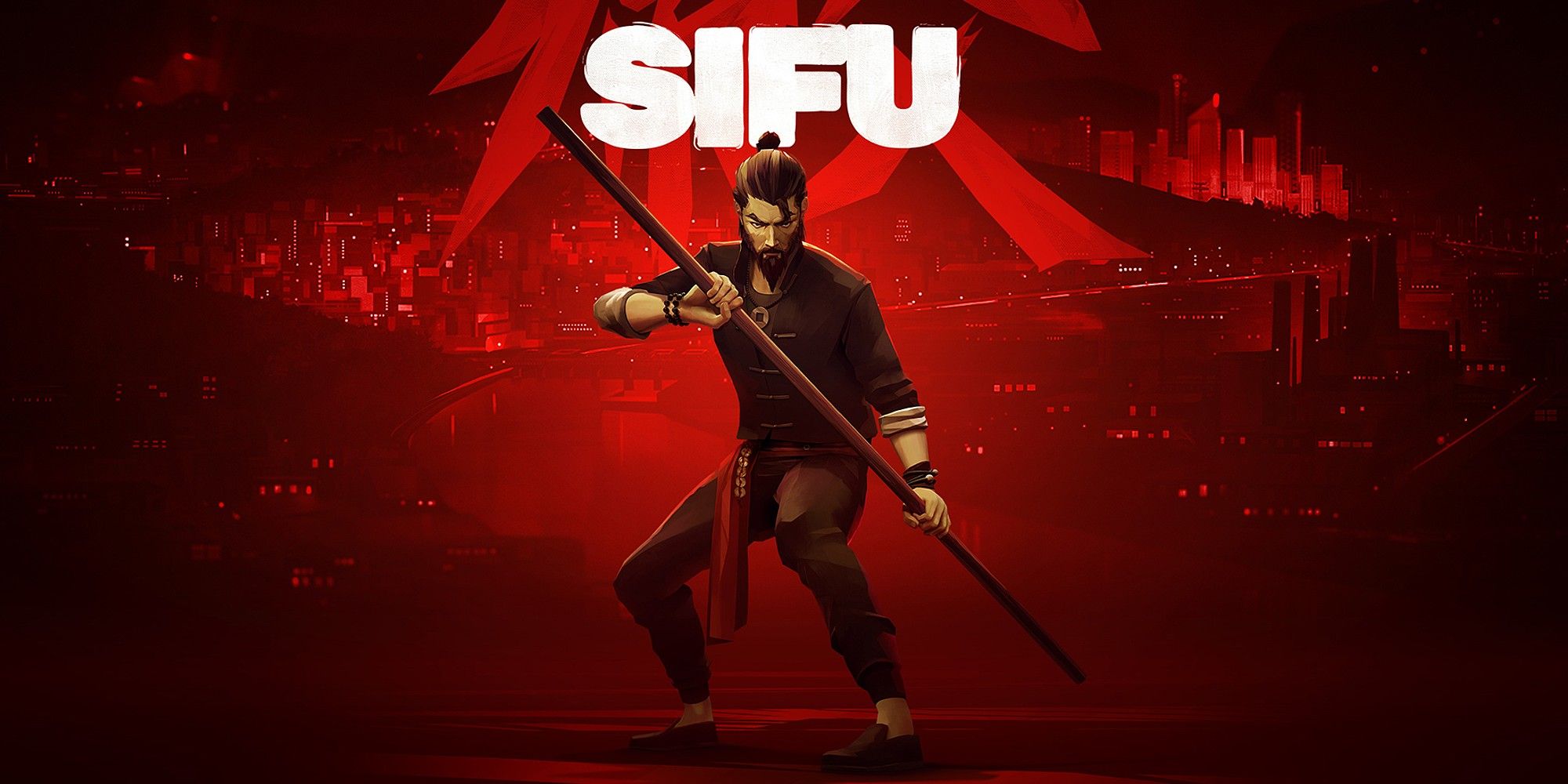 Sifu key art showing main character holding a staff on a stylised red background