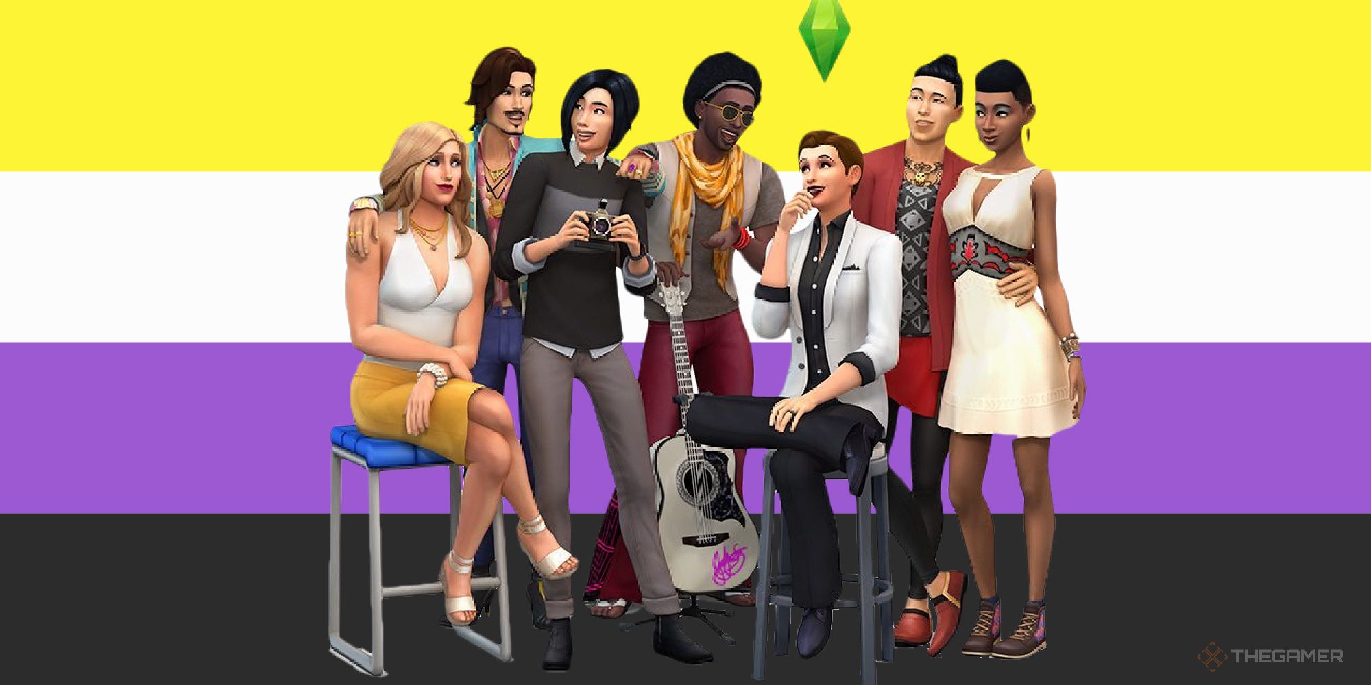 A diverse group of sims against a non binary flag background