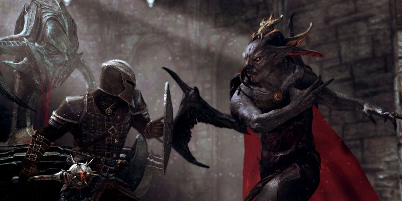 Art of a Dawnguard knight fighting a vampire lord in the Elder Scrolls Legends